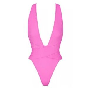SKIMS recycled swim cut out plunge monokini TAFFY PINK nwt small